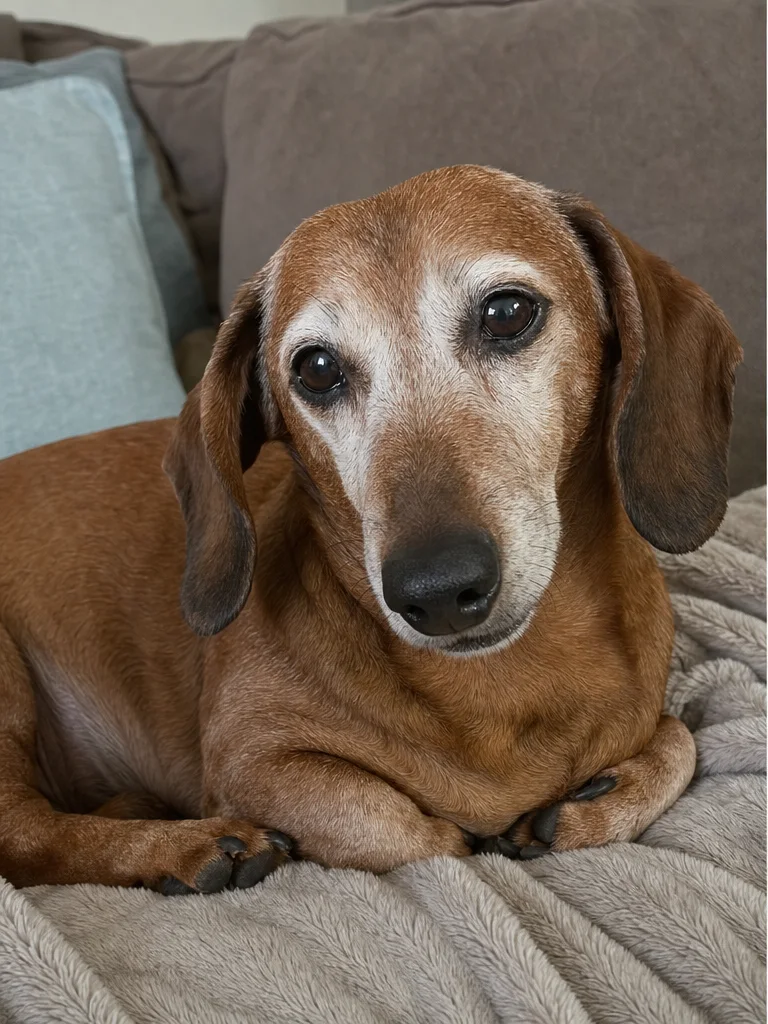 Original-Foto des Dackels auf dem Sofa