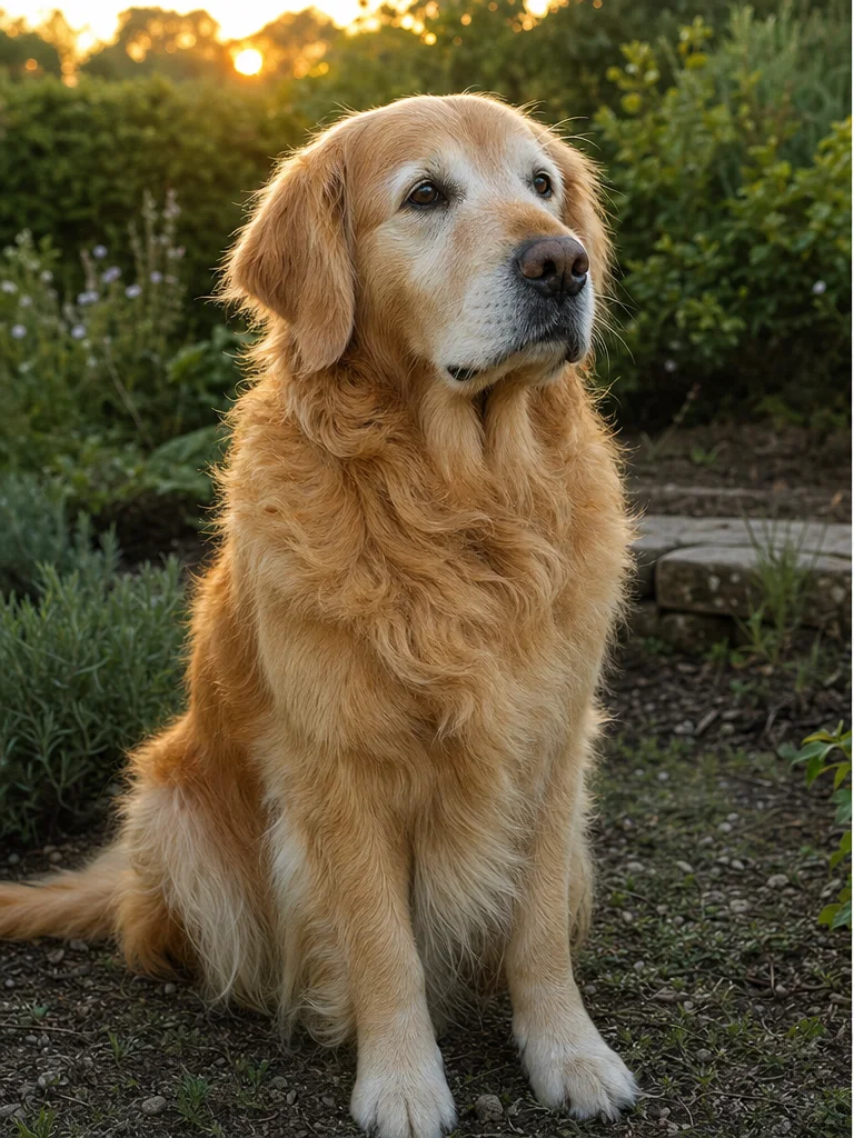 Handyfoto eines alten Golden Retrievers im Garten