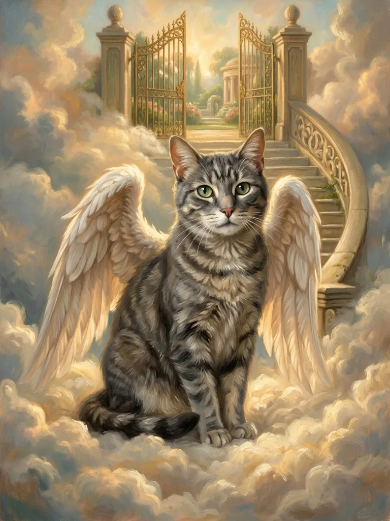 Gedenkportrait einer grauen Tigerkatze in Öl, mit Engelsflügeln