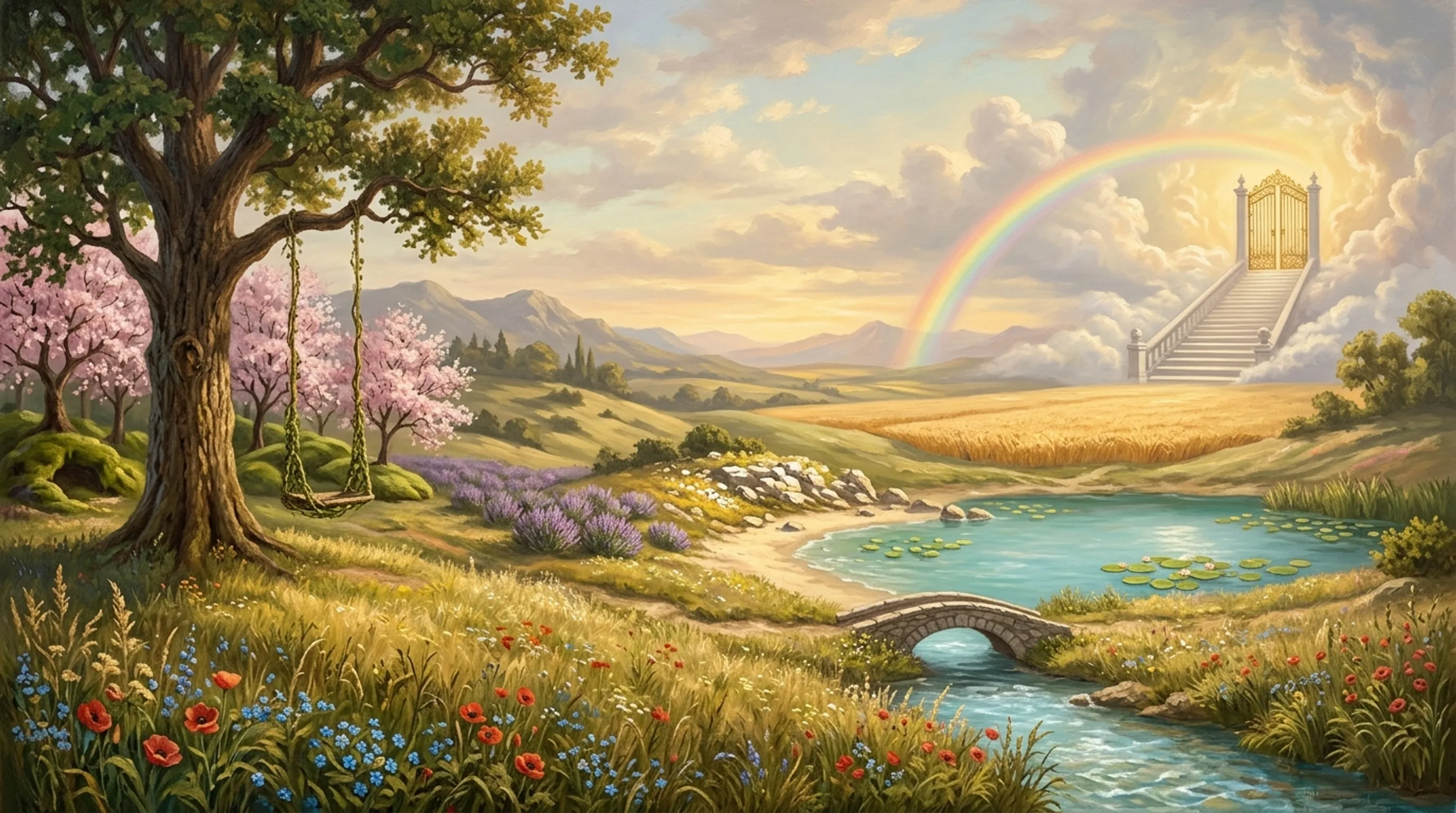 Gemaltes Paradies: Blumenwiesen, ein Teich, ein Kirschbaum mit Schaukel, eine Regenbogenbrücke und eine Treppe zum Himmelstor
