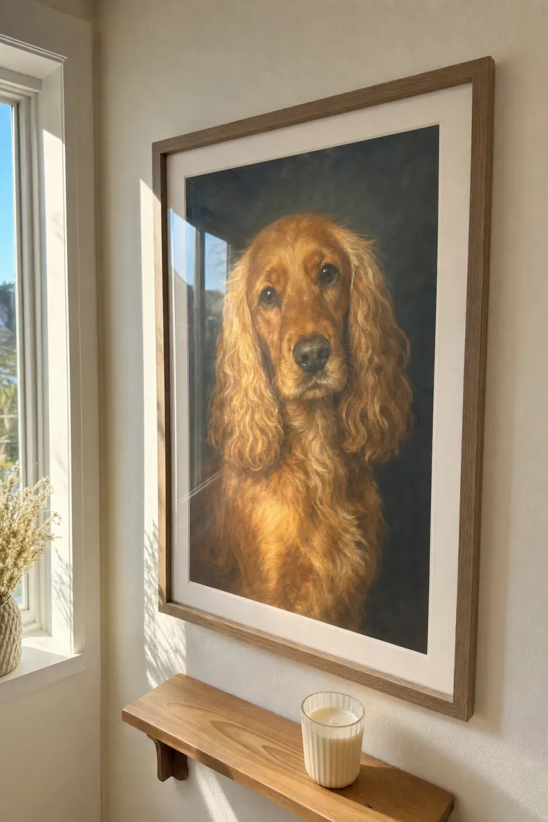 Kundenfoto: Gedenkportrait des Cocker Spaniels Balou als gerahmtes Poster im Morgenlicht