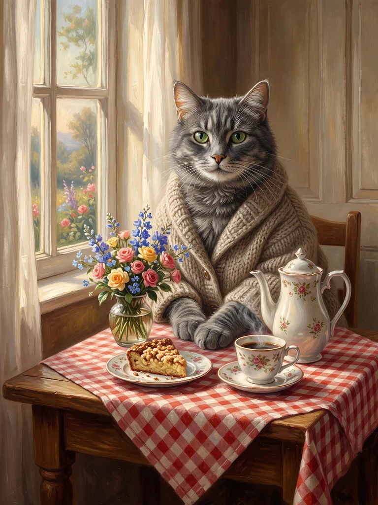 Tierportrait beim Kaffeekränzchen im Öl-Stil
