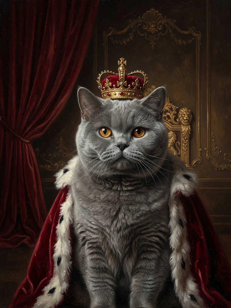 Adelsportrait-Motiv „Die Majestät“: Katze mit Krone und rotem Samtumhang im Öl-Stil